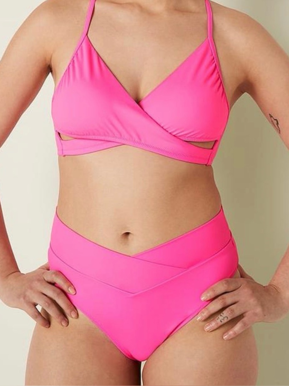 PINK Victoria's Secret Fold-Over High Waist Bikini Set- Bright Pink